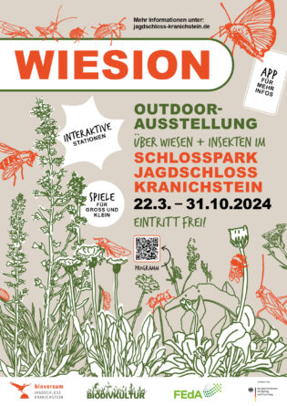 Plakat der Outdoor-Ausstellung WIESION im Schlosspark Jagdschloss Kranichstein in Darmstadt vom 22. März bis 31. Oktober 2024, mit Pflanzen- und Tierillustrationen und Informationen zu interaktiven Stationen rund um Wiesen und Insekten.